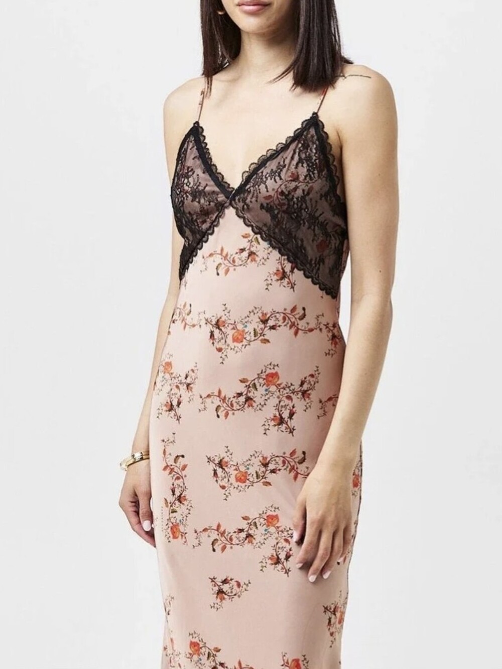 All Saints Black Lace-Trim V-Neck Slip Oto Slip Dress Brown Spaghetti Strap 10 - Picture 2 of 13
